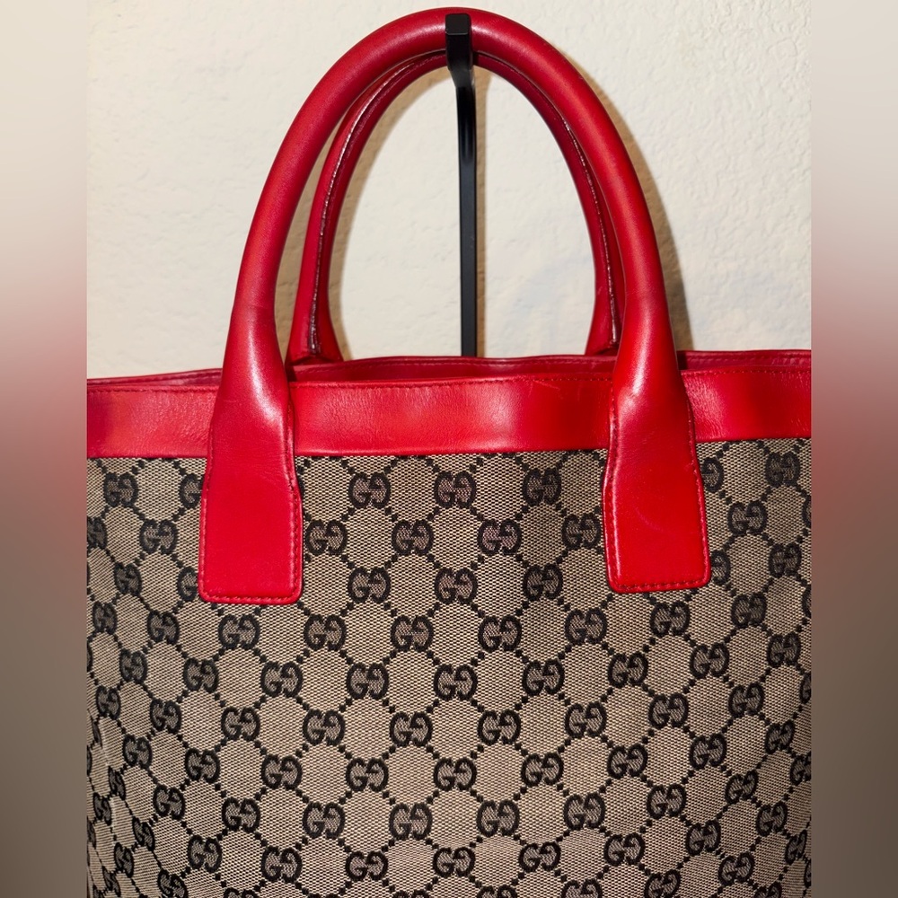 Gucci Red and Brown Monogram Tote Bag - Picture 2 of 16